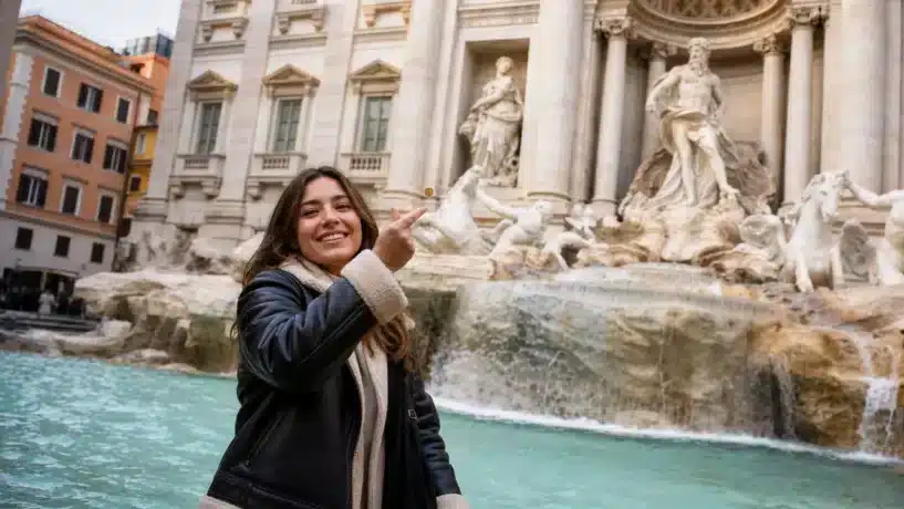 Mulher sorridente de frente para a câmera jogando moeda por cima do ombro com a Fontana di Trevi ao fundo