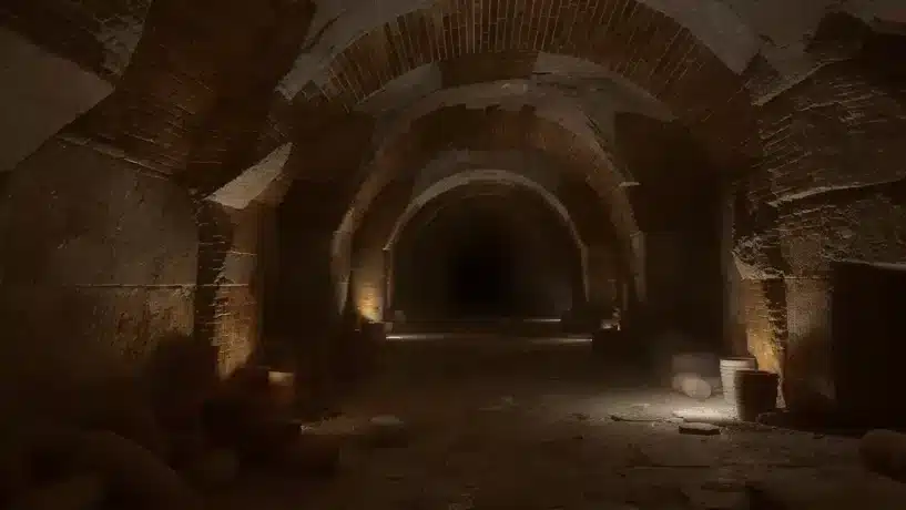 Sítio arqueológico do Vicus Caprarius no subsolo da Fontana di Trevi, com ruínas romanas do século I d.