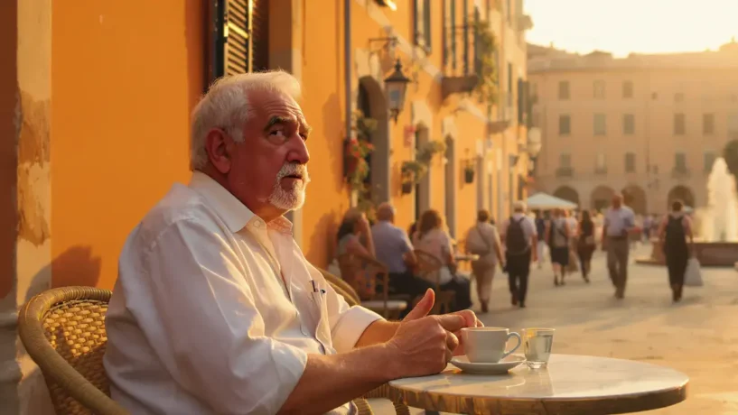Italianos conversando em uma piazza ao entardecer, cenário onde expressões italianas intraduzíveis como boh e magari são usadas no dia a dia
