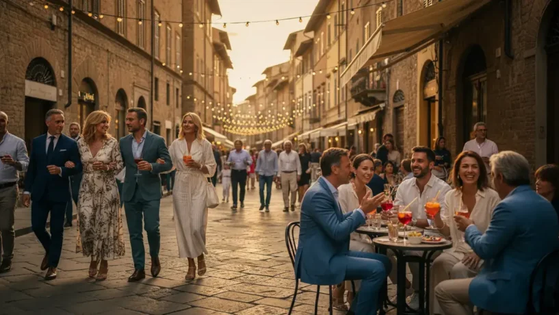 Passeggiata italiana ao entardecer, ritual social de caminhada que é uma das expressões italianas intraduzíveis mais importantes