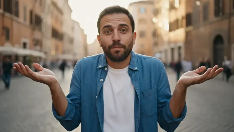 Italiano fazendo o gesto clássico de boh, expressão italiana intraduzível que significa "não sei" com indiferença